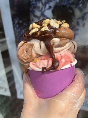 Raw vegan chocolate peanut butter strawberry cashew banana whip   at Happy Zoe Vegan Bakery in Brooklyn