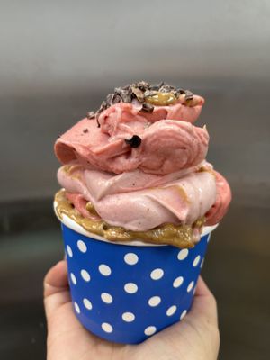 Raw vegan strawberry peanut butter cacao nibs banana whip   at Happy Zoe Vegan Bakery in Brooklyn