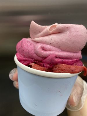 Raw vegan dragon fruit strawberry banana whip 8 oz or 16 oz.   at Happy Zoe Vegan Bakery in Brooklyn