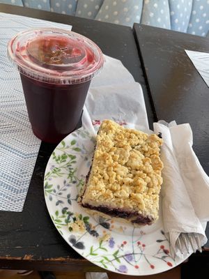 Iced hibiscus tea and berry crumble cake  at Happy Zoe Vegan Bakery in Brooklyn