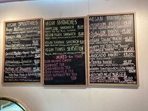 Menu board at Happy Zoe Vegan Bakery in Brooklyn