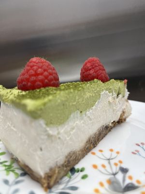 Raw vegan sugar free cashew matcha cheesecake   at Happy Zoe Vegan Bakery in Brooklyn