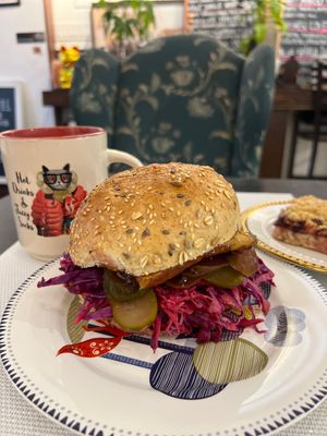 Vegan BBQ Tempeh with pickles 🥒 and cabbage 🥬 sandwich, AMAZING  at Happy Zoe Vegan Bakery in Brooklyn