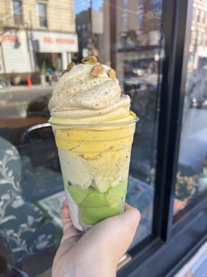 Raw pistachio mango matcha banana whip   at Happy Zoe Vegan Bakery in Brooklyn
