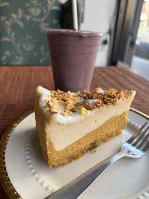 Vegan gluten free pumpkin cheesecake and blueberry smoothie   at Happy Zoe Vegan Bakery in Brooklyn