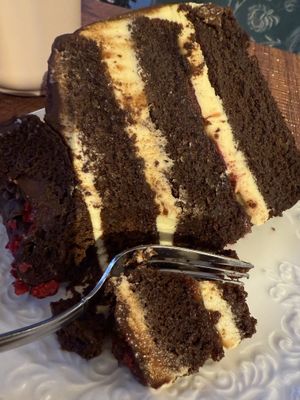 Vegan gluten free chocolate vanilla peach cake   at Happy Zoe Vegan Bakery in Brooklyn