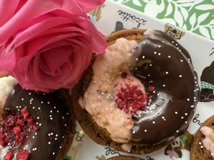 Vegan gluten free blossom cherry chocolate donuts   at Happy Zoe Vegan Bakery in Brooklyn