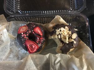 Strawberry and almond chocolate donuts at Happy Zoe Vegan Bakery in Brooklyn