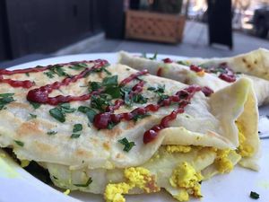 Vegan tofu bacon scramble crepes! at Happy Zoe Vegan Bakery in Brooklyn