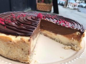 Vegan double vanilla chocolate raspberry cheesecake! at Happy Zoe Vegan Bakery in Brooklyn