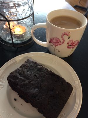 brownie and coffee with soy milk at Happy Zoe Vegan Bakery in Brooklyn