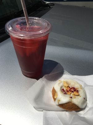 Hibiscus tea and pineapple donut at Happy Zoe Vegan Bakery in Brooklyn