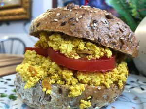 Happy Zoe Tofu “Egg” “bacon” Scramble Sandwich  at Happy Zoe Vegan Bakery in Brooklyn