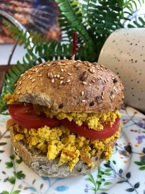 Happy Zoe Tofu “Egg” “bacon” Scramble Sandwich  at Happy Zoe Vegan Bakery in Brooklyn