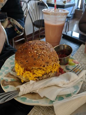 Vegan Happy Zoe Sandwich and Iced Coffee  at Happy Zoe Vegan Bakery in Brooklyn