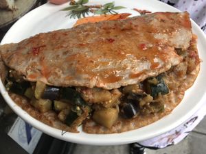 Vegan Gluten Free Eggplant Crepe  at Happy Zoe Vegan Bakery in Brooklyn