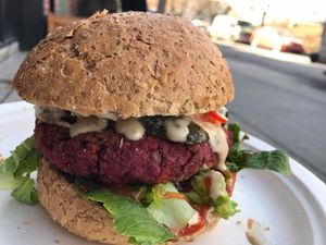 Vegan Happy Zoe Beet Burger at Happy Zoe Vegan Bakery in Brooklyn