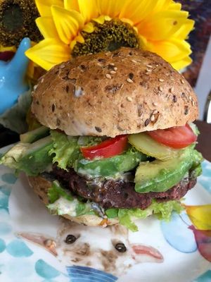 Vegan Red Burger at Happy Zoe Vegan Bakery in Brooklyn