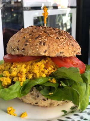 Vegan Tofu Scramble “Bacon” Sandwich  at Happy Zoe Vegan Bakery in Brooklyn