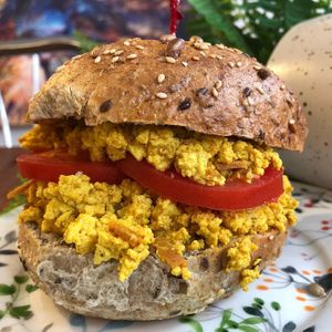 Vegan Tofu Scramble “Bacon” Sandwich  at Happy Zoe Vegan Bakery in Brooklyn
