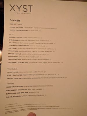 Menu at XYST in New York City