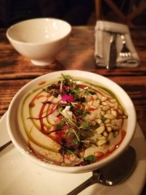  CAULIFLOWER SOUP. PAPRIKA OIL. ROASTED PINE NUTS. USD9 at XYST in New York City
