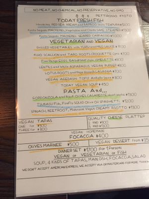 Menu w vegan options well marked  at Pettirosso in Kyoto