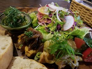 Part of the Vegan Tapas Dinner which includes 4 types of tapas, salad, and amazing focaccia. It also came with soup and a fried tofu dish no pictured. Everything had full, deep fla at Pettirosso in Kyoto