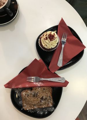Banana bread and a red velvet cupcake   at Hillgate Cakery in Stockport