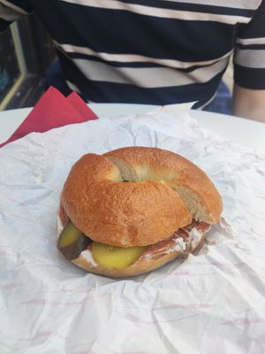 Cream cheese and salami bagel at Hillgate Cakery in Stockport