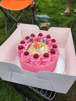 Cherry and almond birthday cake at Hillgate Cakery in Stockport