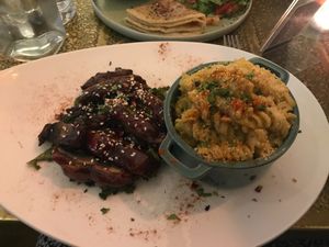 Return of the Mac - Mac and Cheeze with Mushroom Ribs on a bed of Garlic Kale at Comptoir V in North West London