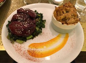 “Return of the mac”-garlic kale, squash purée, bbq mushroom ribs & cashew mac!  at Comptoir V in North West London