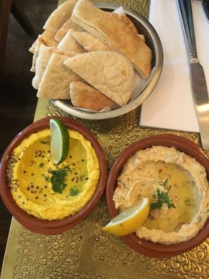 Turmeric and spicy hummus with pita at Comptoir V in North West London
