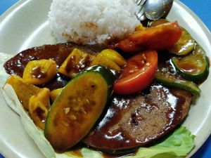 sweet and sour (mock) fish with rice at Hong Fu Vegetarian in West Singapore