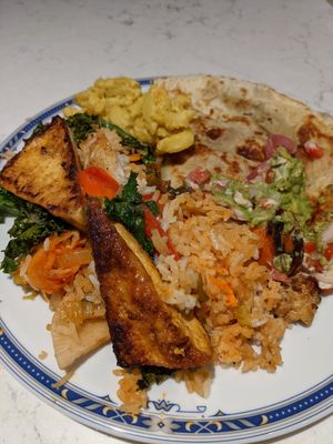 Korean BBQ bowl with grilled tofu, Mac and veg quesadilla at Three Carrots - Fountain Square in Indianapolis