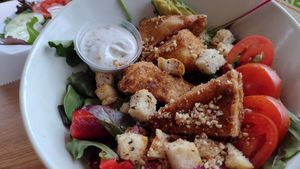 Marcus Brutus (Caeser) salad with fried tofu at Three Carrots - Fountain Square in Indianapolis