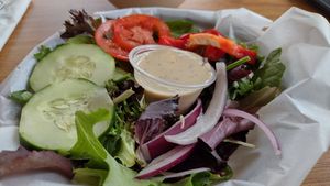 Generous side salad with lemon tahini dressing at Three Carrots - Fountain Square in Indianapolis