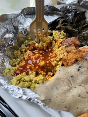 Scrambled tofu was bland until Cholula was added  at Three Carrots - Fountain Square in Indianapolis