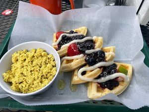 Sweet waffles with tofu scramble  at Three Carrots - Fountain Square in Indianapolis