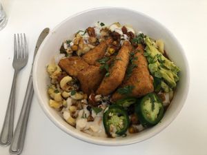 The chili Mac bowl with cornmeal tofu- perfect for a cold day! at Three Carrots - Fountain Square in Indianapolis