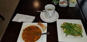 Winter soup, Avocado Toast Twist and organic green tea.  LOVED BOTH DISHES at Plum Cafe in Roswell