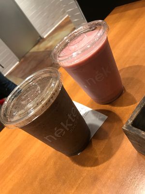 Berry Banana Burst smoothie + custom creation smoothie at Nekter Juice Bar in Vancouver