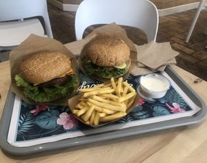The beyond burger, chef special and Fries with allioli at The Vurger in Valencia