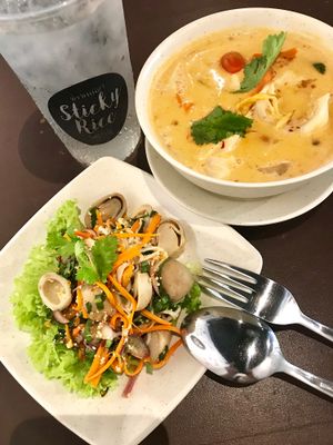 Tom Kar Soup and Mushroom Larb  at Sticky Rice Thai Food in Central Singapore
