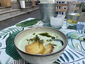 Creamy cold cucumber soup  at Kuchnia PoWolność in Poznan