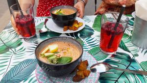 chłodnik pomidorowy i kompot / cold tomato soup and berry compote drink at Kuchnia PoWolność in Poznan