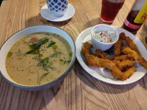 Soup and very delicious mushroom fried thingy at Kuchnia PoWolność in Poznan