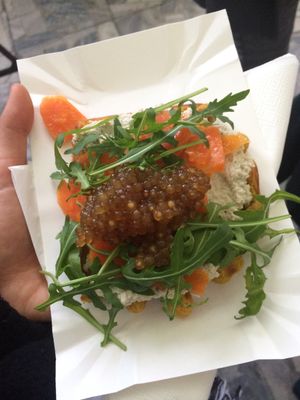 waffle with salmon carrot and caviar at Kuchnia PoWolność in Poznan