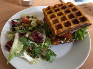 Sweet potato waffles V GF at Kuchnia PoWolność in Poznan